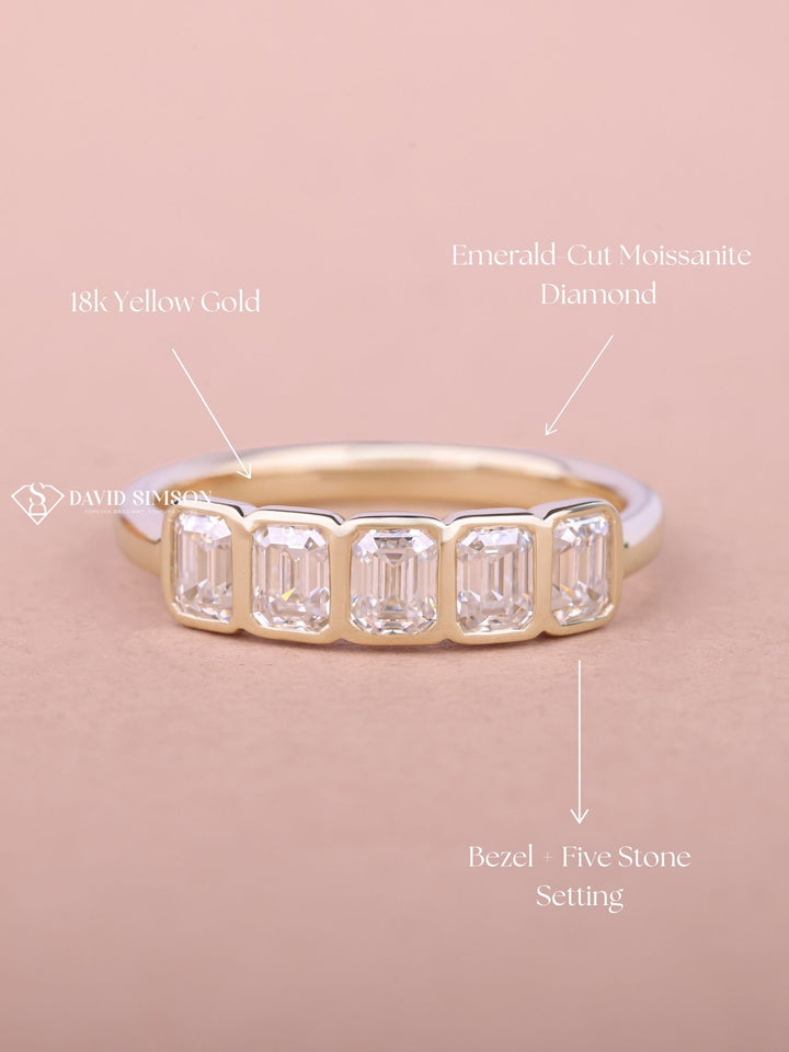 Bezel Set Emerald Cut Moissanite Diamond Five Stone Wedding Band