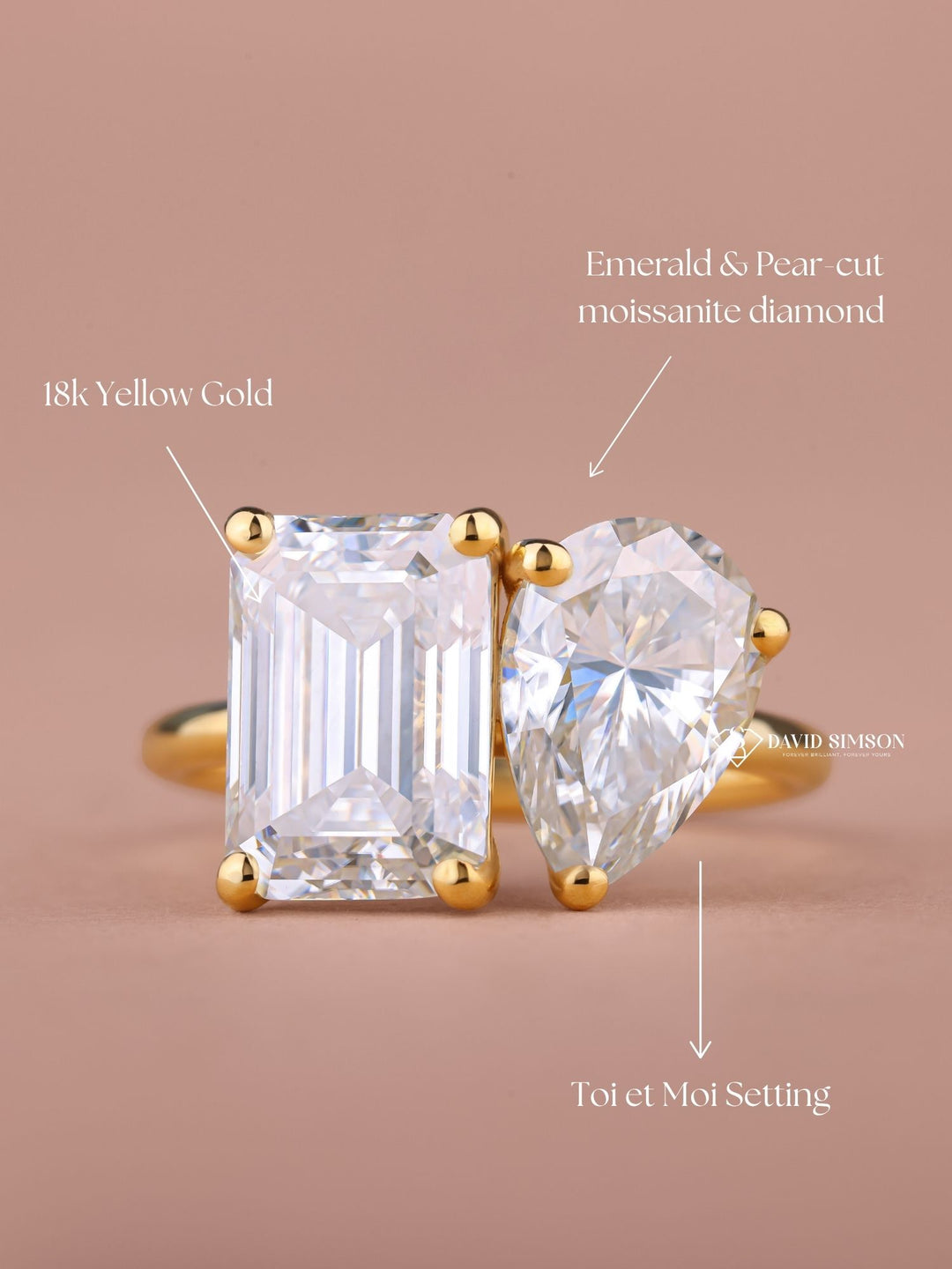 3.0CT Emerald & 2.50CT Pear Cut Moissanite Diamond Toi et Moi Engagement Ring