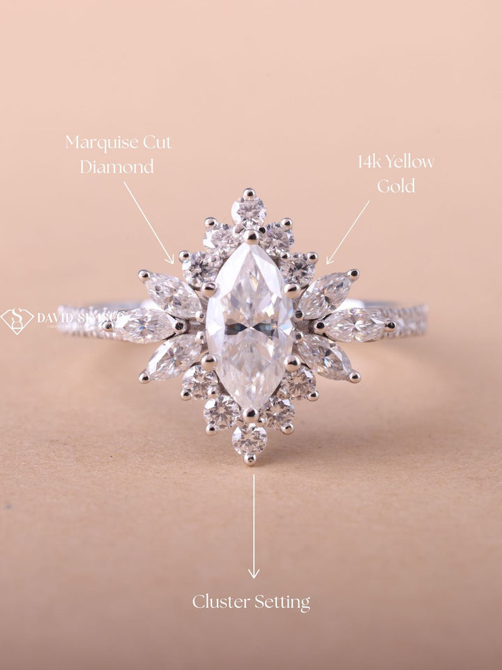 1.0CT-2.0CT Marquise Cut Moissanite Halo Cluster Engagement Ring