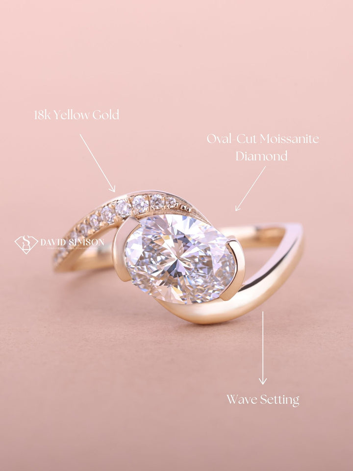 2.0CT-3.0CT East West Oval Cut Moissanite Diamond Bypass Pave Engagement Ring