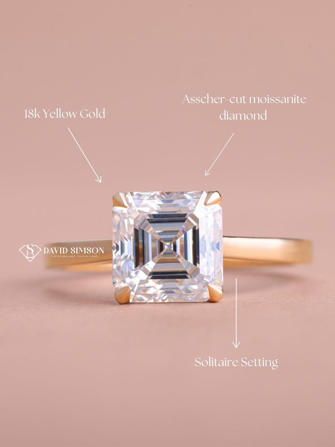 2.0CT-3.0CT Asscher Cut Moissanite Diamond Solitaire Engagement Ring