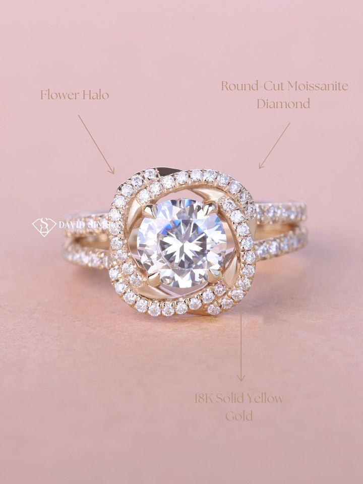 0.50CT-1.50CT Round Cut Moissanite Flower Halo Diamond Engagement Ring