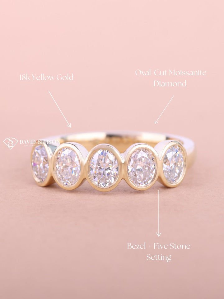 Oval Cut Moissanite Bezel Set Five Stone Diamond Wedding Band
