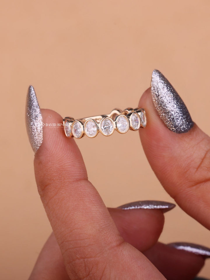 Bezel Set Oval Cut Moissanite Diamond Half Eternity Wedding Band