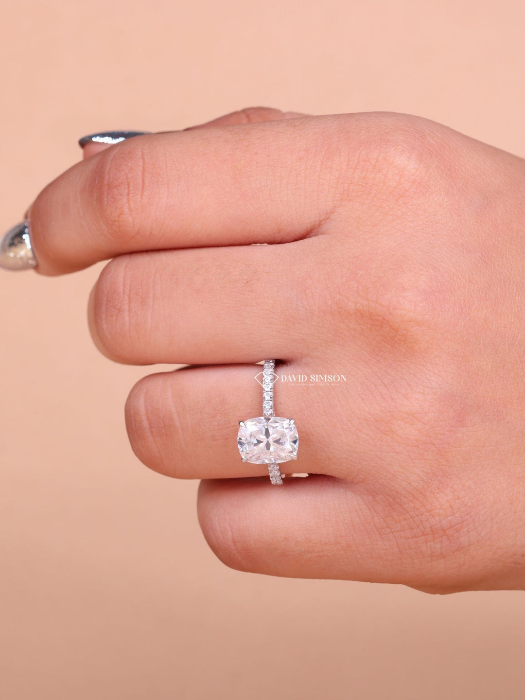 2.50CT-3.50CT Cushion Cut Moissanite Hidden Halo & Pave Diamond Engagement Ring