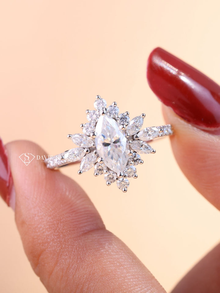1.0CT-2.0CT Marquise Cut Moissanite Halo Cluster Engagement Ring