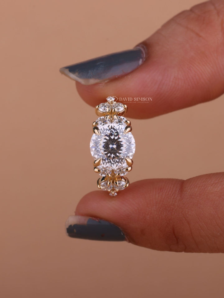 2.0CT-3.0CT Round Portuguese Cut Moissanite Diamond Unique Cluster Engagement Ring