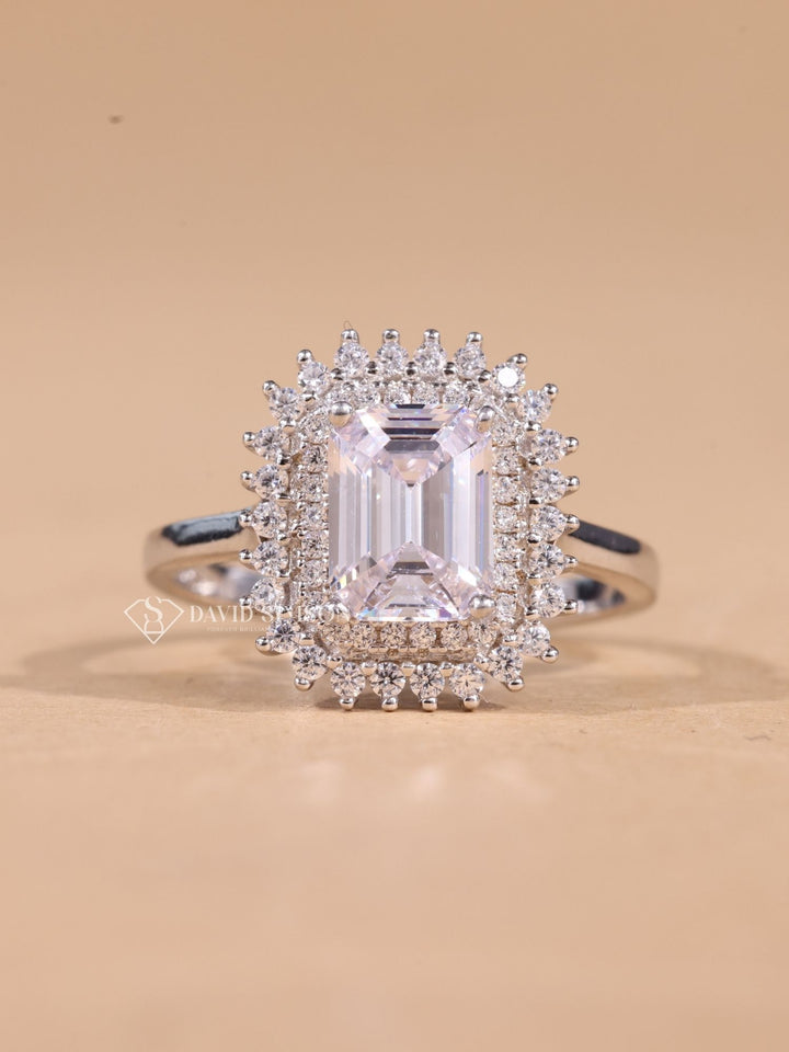 1.0CT-2.0CT Emerald Cut Moissanite Double Halo Diamond Engagement Ring