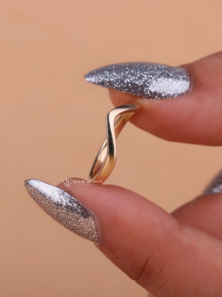 14K Yellow Solid Gold V Shape Wedding Band for Her