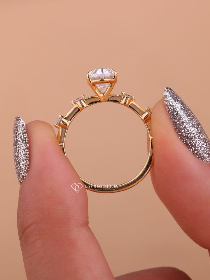 1.0CT-2.0CT Oval Cut Moissanite Diamond Distance Pave Engagement Ring