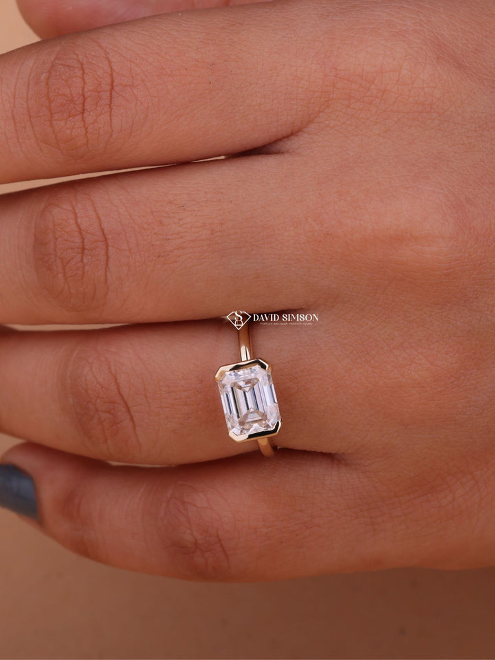 2.0CT-3.0CT East West Emerald Cut Moissanite Diamond Half Bezel Engagement Ring