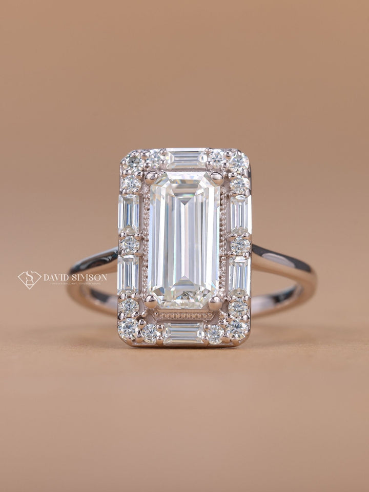 1.60CT Elongated Emerald Cut Moissanite Halo Cluster Diamond Engagement Ring