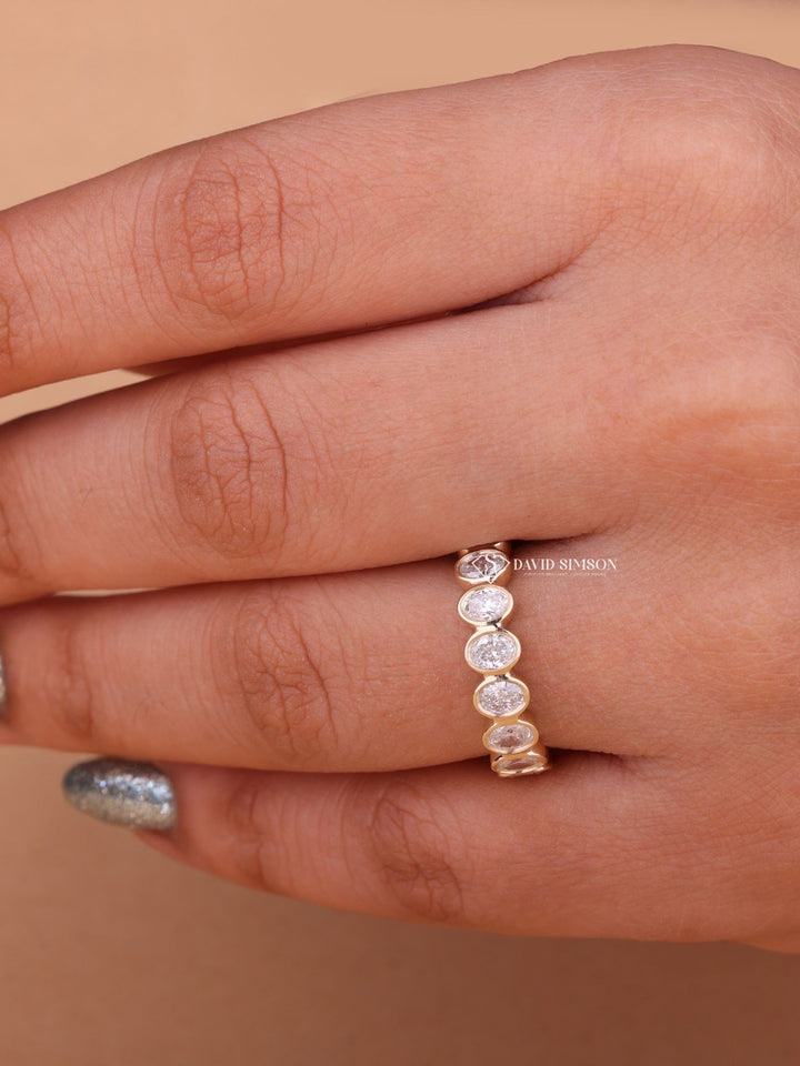 Bezel Set Oval Cut Moissanite Diamond Half Eternity Wedding Band