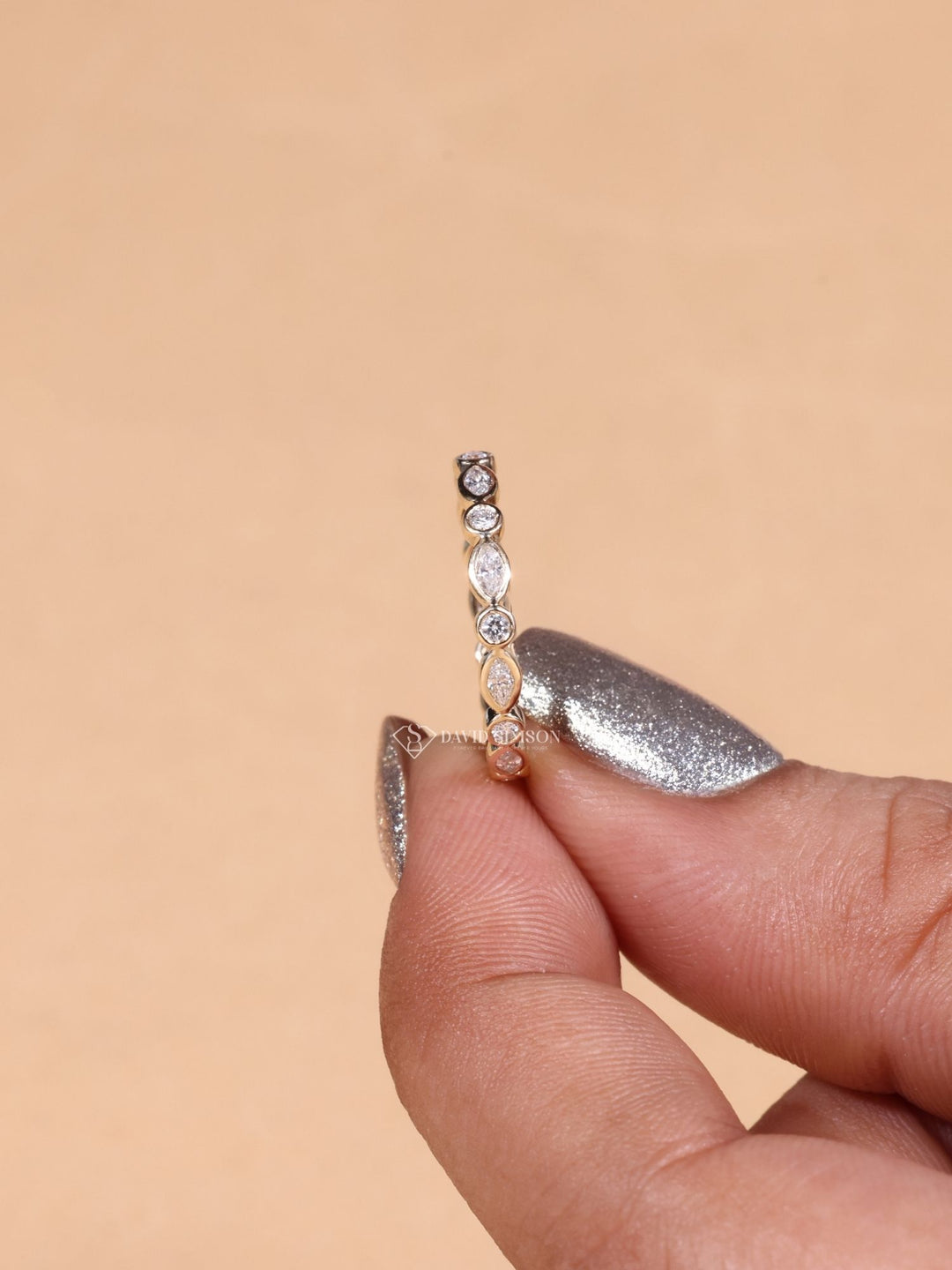 Round & Marquise Cut Moissanite Diamond Bezel Set Eternity Wedding Band