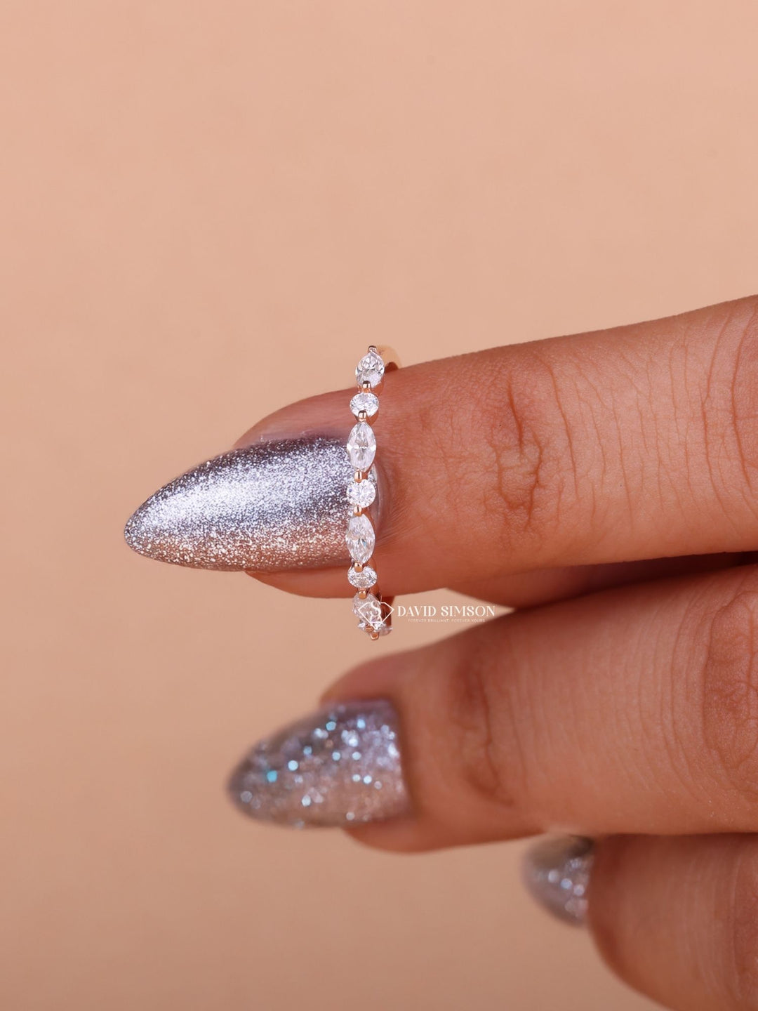 Round & Marquise Cut Moissanite Diamond Alternative Half Eternity Wedding Band