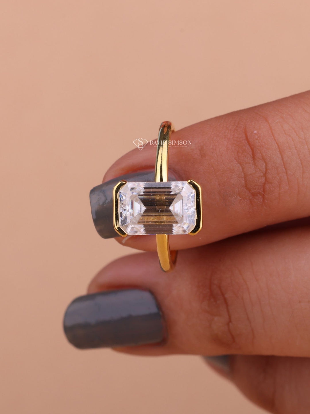 3.0CT-5.0CT Half Bezel Set Emerald Cut Moissanite Diamond Engagement Ring