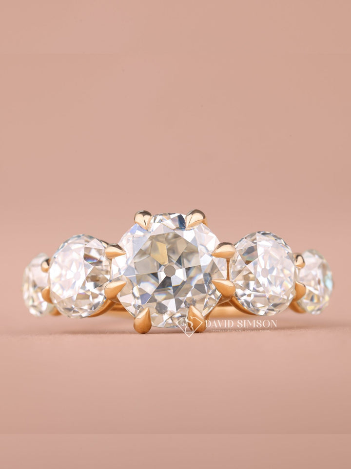 1.0CT-2.0CT Round Old Mine Cut Moissanite Diamond Five Stone Engagement Ring