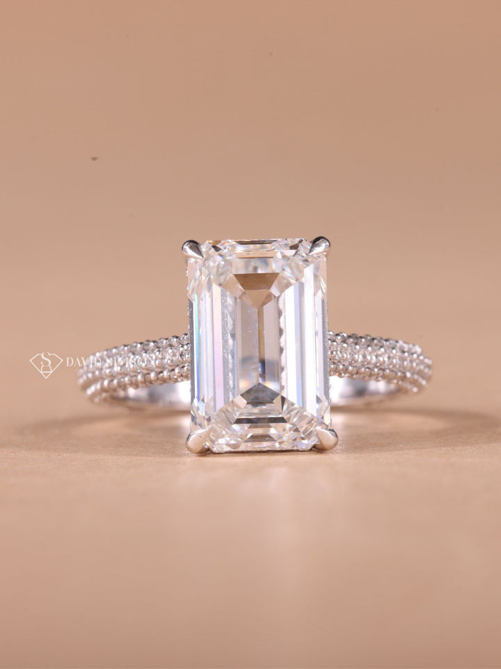4.0CT-6.0CT Emerald Cut Moissanite Hidden Halo Diamond Pave Engagement Ring