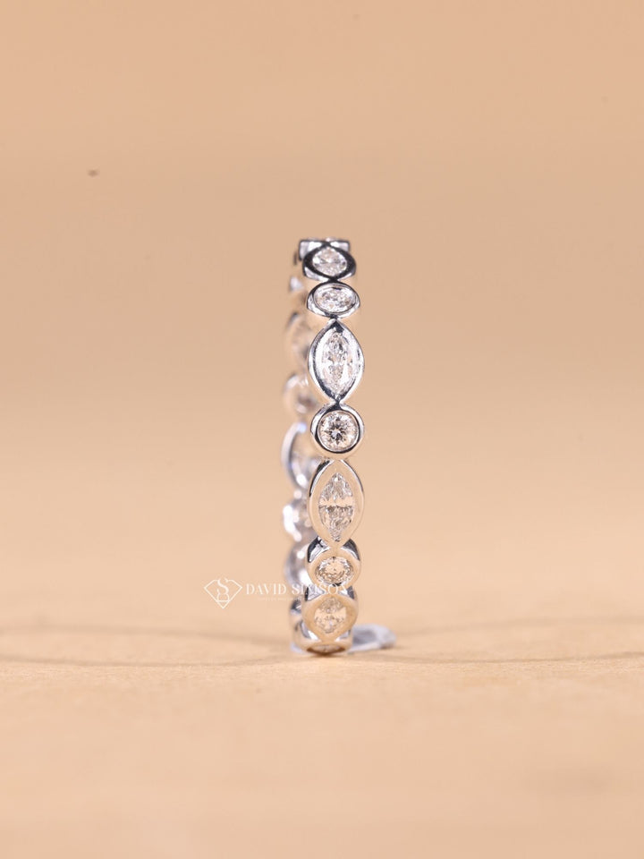 Round & Marquise Cut Moissanite Diamond Bezel Set Eternity Wedding Band
