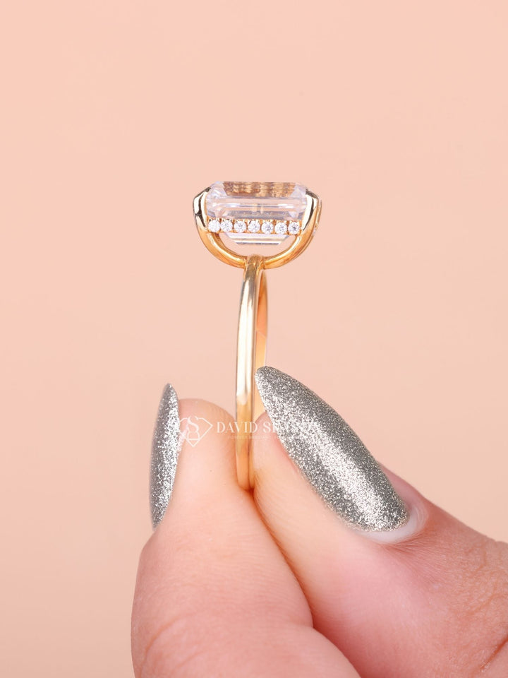 3.0CT-4.0CT Emerald Cut Moissanite Hidden Halo & Solitaire Diamond Engagement Ring