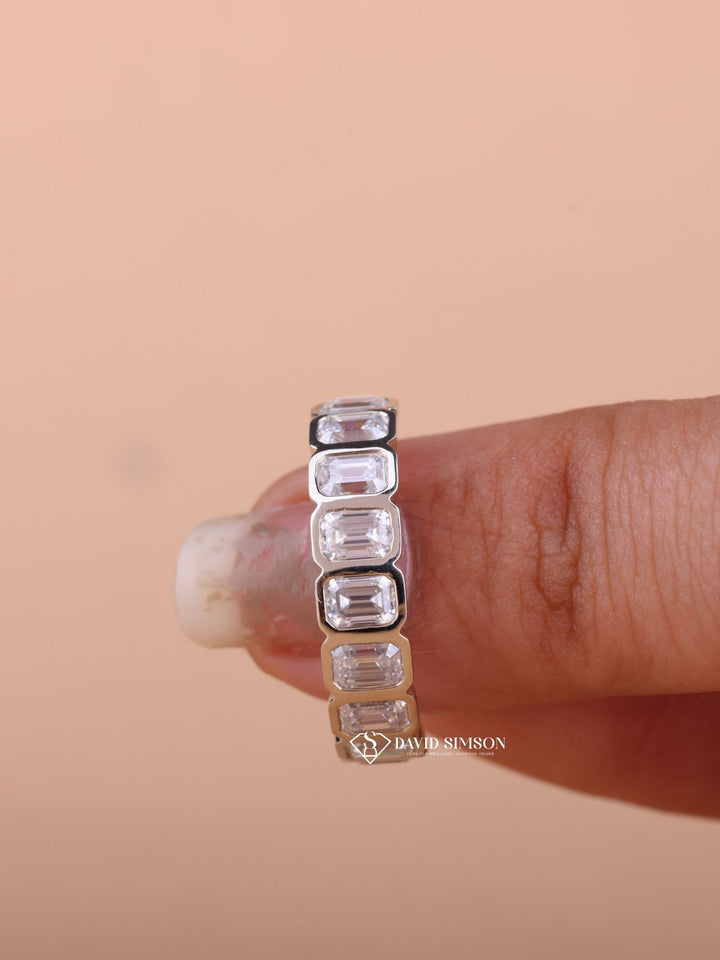 Emerald Cut Moissanite Bezel Set Diamond Wedding Band