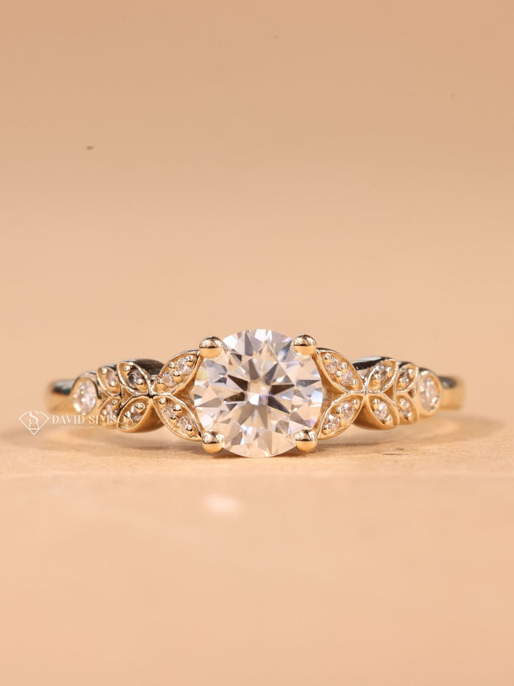 1.0CT-2.0CT Round Cut Moissanite Vintage Milgrain Pave Diamond Engagement Ring