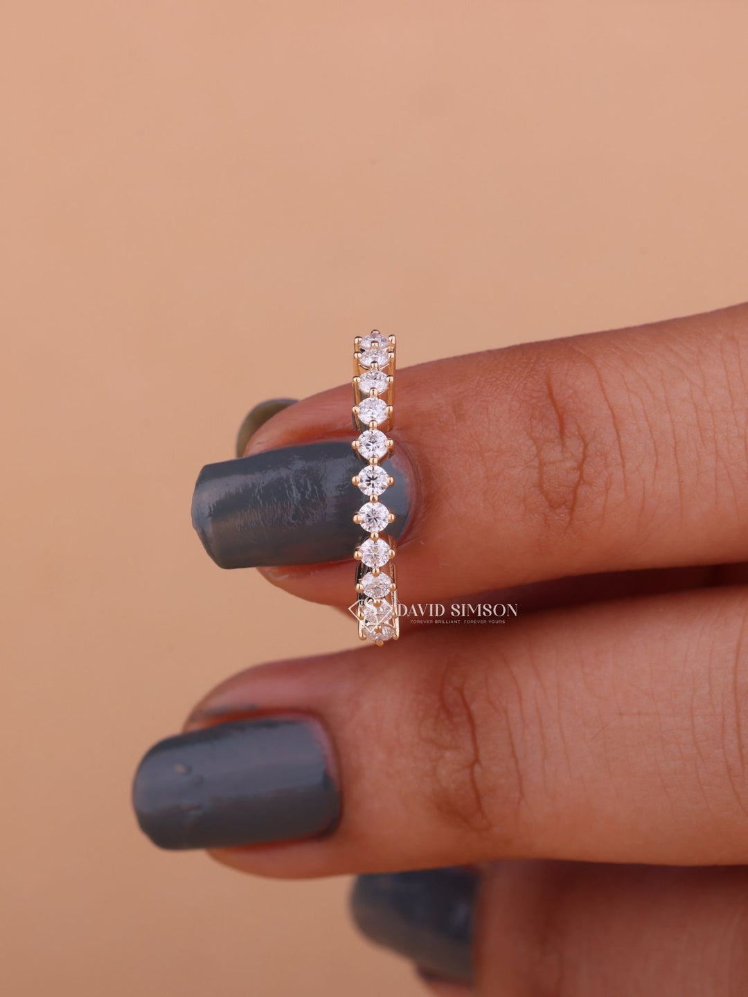 Round Cut Moissanite Diamond Half Eternity Wedding Band in 14K Gold