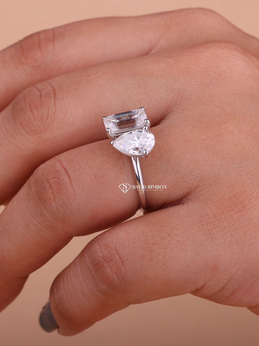 2.50CT Emerald & 2.0CT Pear Cut Moissanite Diamond Two Stone Engagement Ring