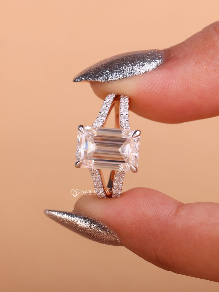 4.0CT-6.0CT Emerald Cut Moissanite Diamond Shank Engagement Ring
