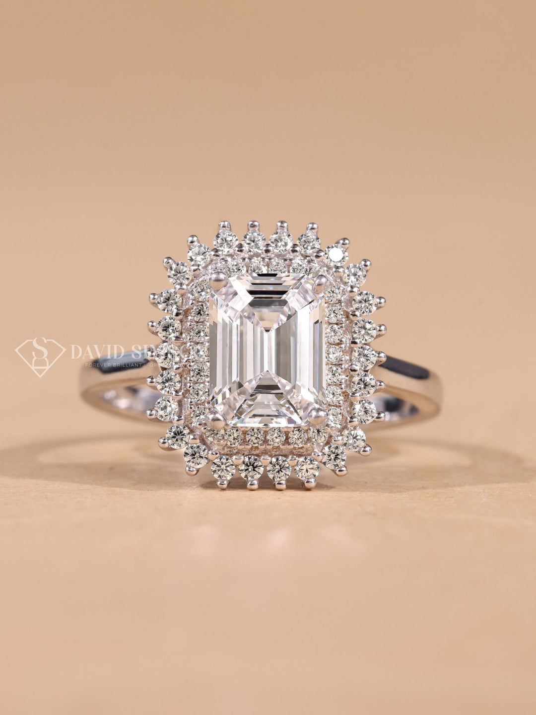 1.0CT-2.0CT Emerald Cut Moissanite Double Halo Diamond Engagement Ring