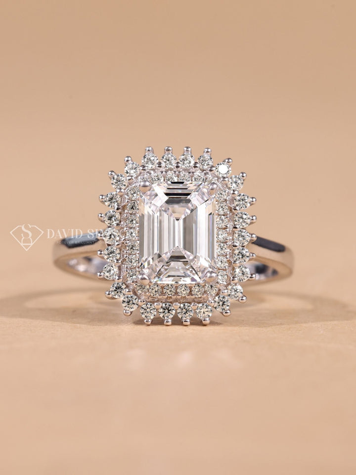1.0CT-2.0CT Emerald Cut Moissanite Double Halo Diamond Engagement Ring