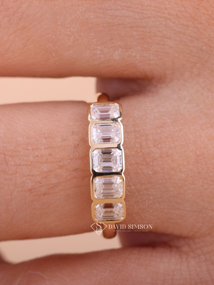 Bezel Set Emerald Cut Moissanite Diamond Five Stone Wedding Band