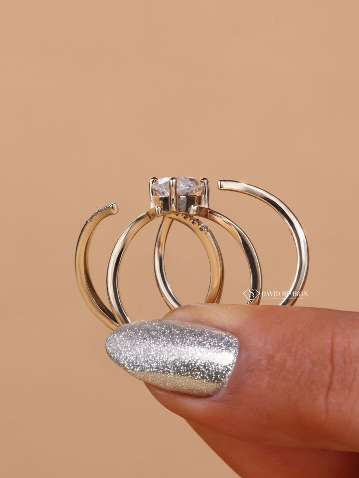 3.0ct Marquise Cut Unique Moissanite Engagement Ring With Double Unique Wedding Bands