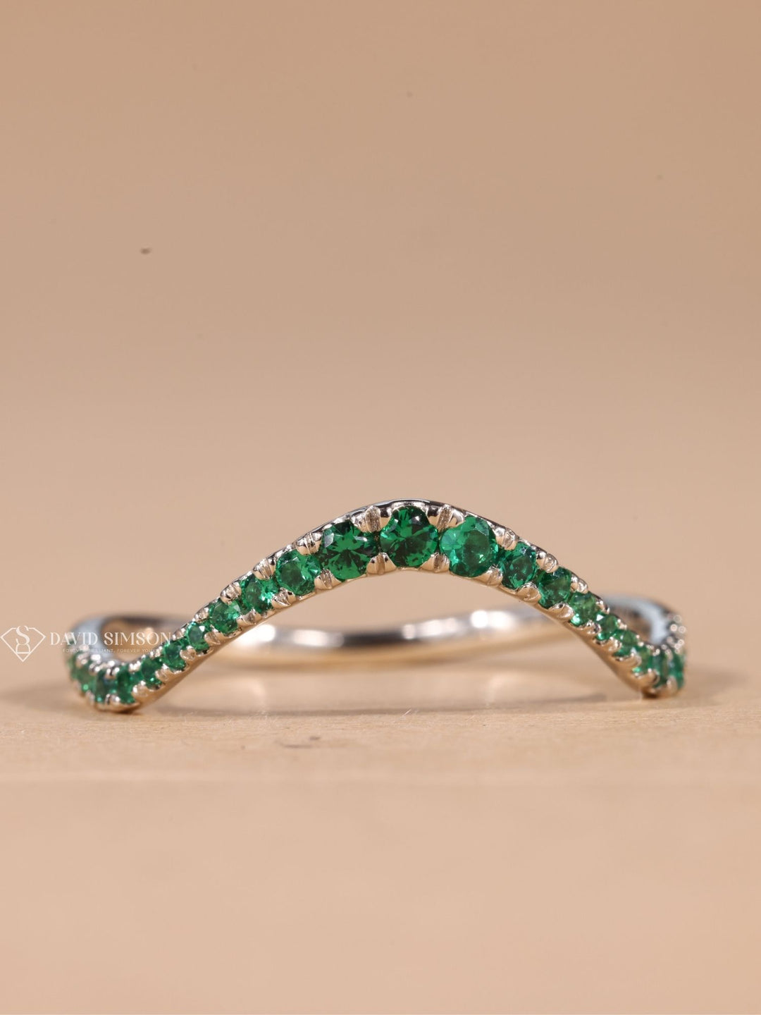 Green Round Cut Moissanite Diamond Curved Half Eternity Wedding Band