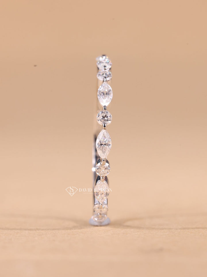 Round & Marquise Cut Moissanite Diamond Half Eternity Wedding Band