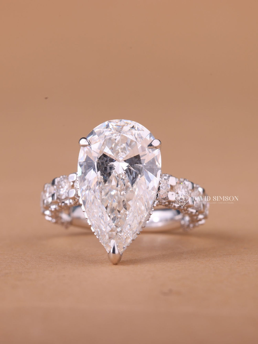 5.0CT-7.0CT Pear Cut Moissanite Diamond Hidden Halo & Unique Pave Engagement Ring