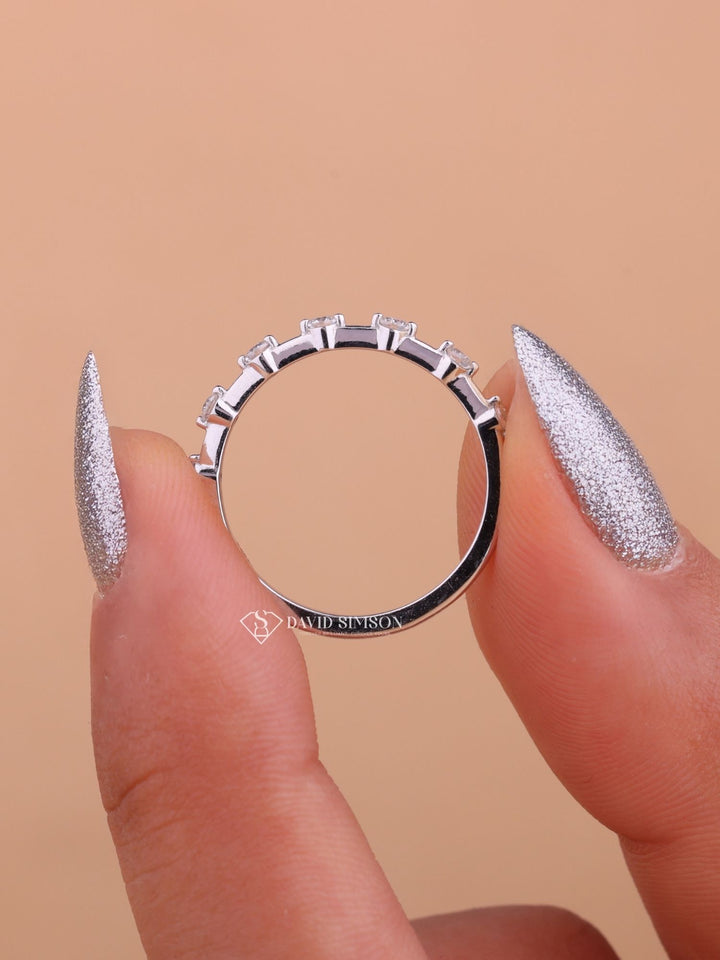 Round Cut Moissanite Diamond Distance Pave Wedding Band