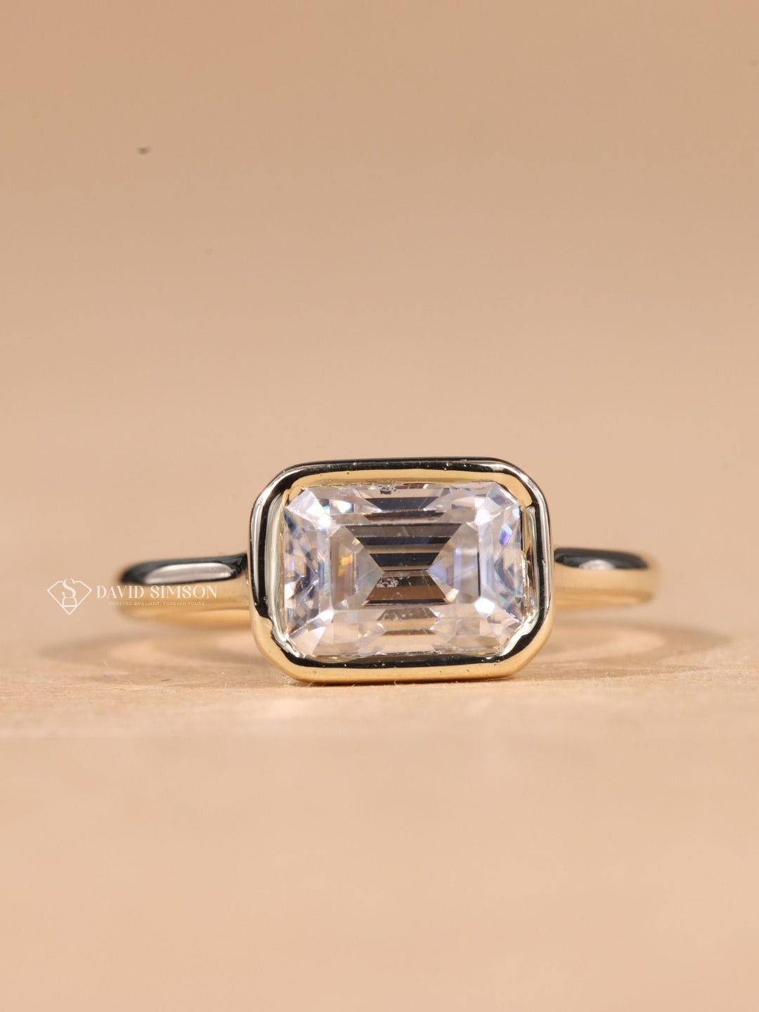 3.0CT-5.0CT East West Emerald Cut Moissanite Diamond Bezel Set Engagement Ring