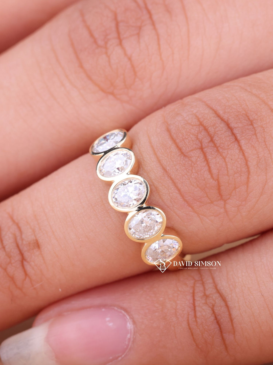 Oval Cut Moissanite Bezel Set Five Stone Diamond Wedding Band