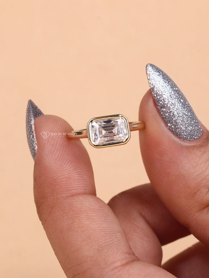 3.0CT-5.0CT East West Emerald Cut Moissanite Diamond Bezel Set Engagement Ring