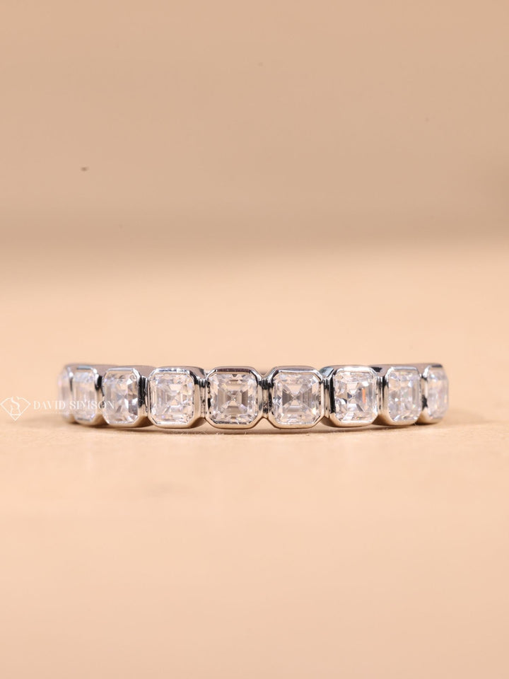 Bezel Set Asscher Cut Moissanite Diamond Half Eternity Wedding Band