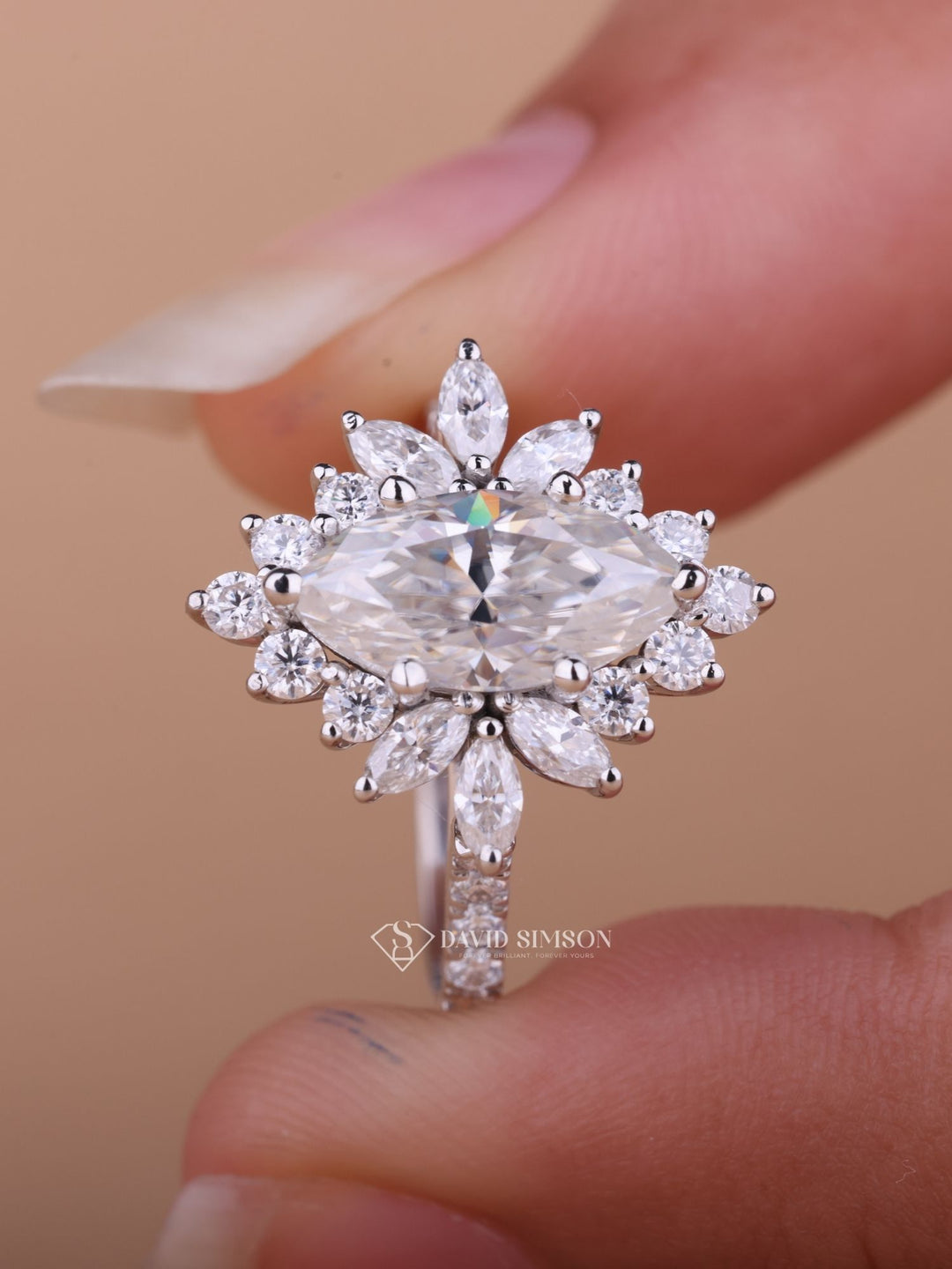 1.50CT-2.50CT Marquise Cut Moissanite Halo Cluster Diamond Engagement Ring