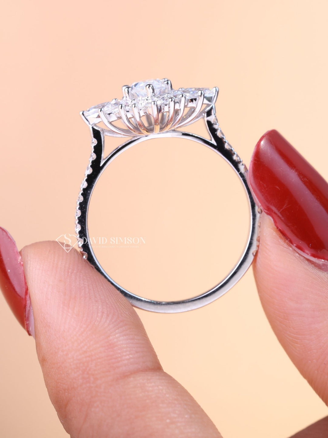 1.0CT-2.0CT Marquise Cut Moissanite Halo Cluster Engagement Ring