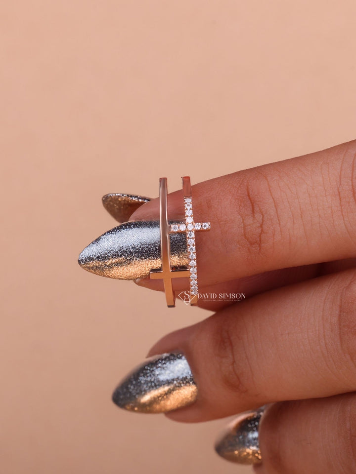 Round Cut Moissanite Diamond Cross Wedding Band in Solid Gold