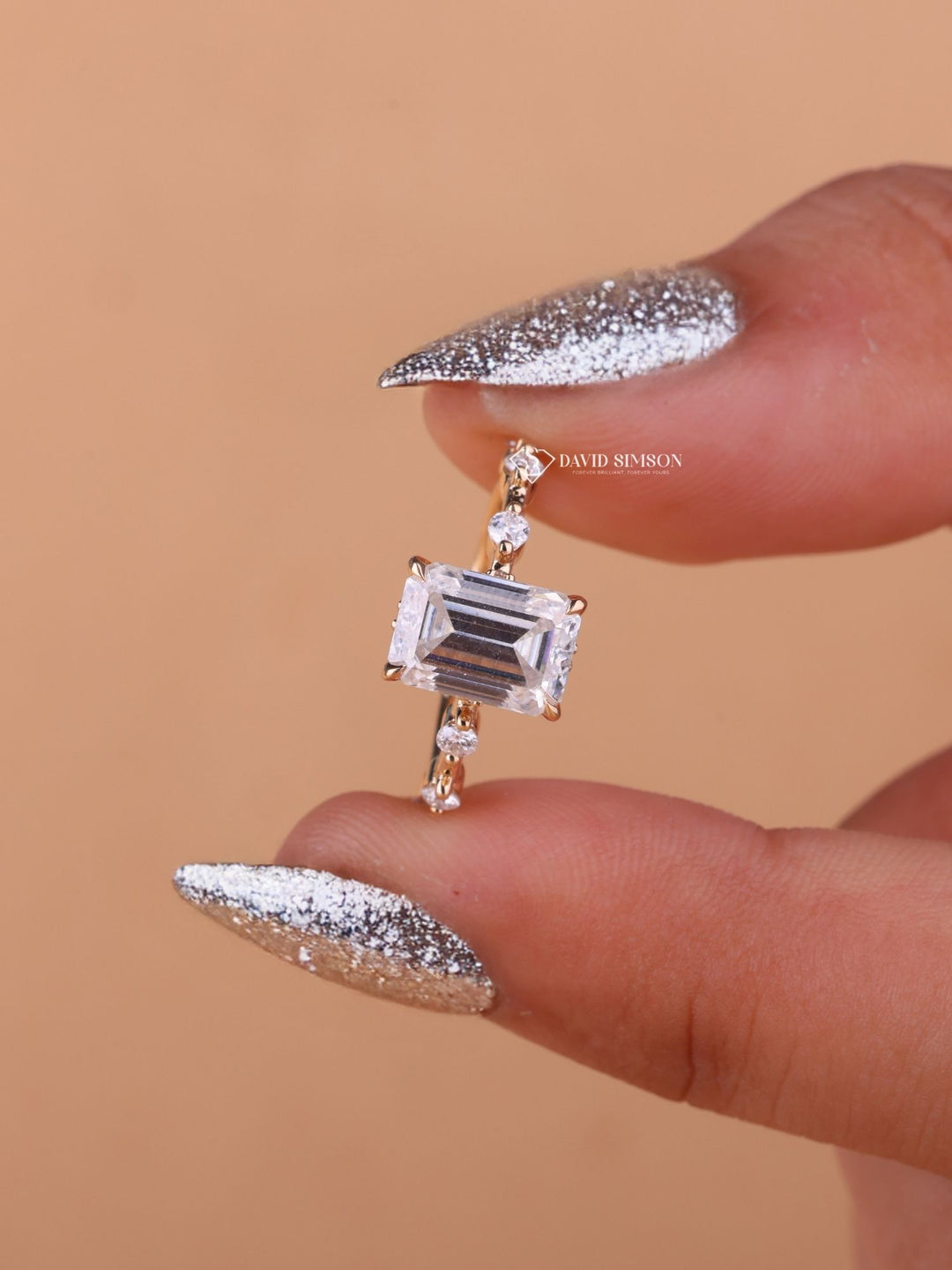 3.0CT-5.0CT Emerald Cut Moissanite Diamond Distance Pave Engagement Ring