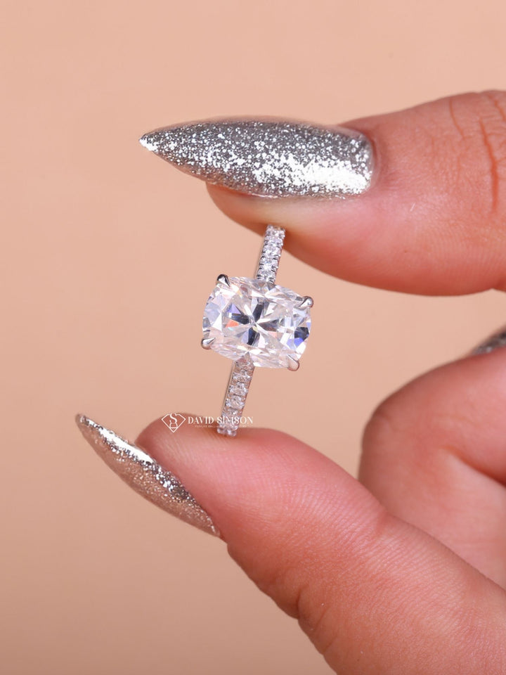2.50CT-3.50CT Cushion Cut Moissanite Hidden Halo & Pave Diamond Engagement Ring