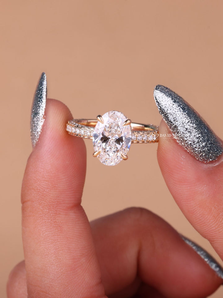 3.0CT-4.0CT Oval Cut Moissanite Diamond Hidden Halo & Pave Engagement Ring