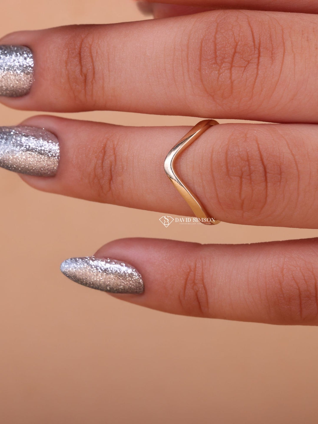 14K Yellow Solid Gold V Shape Wedding Band for Her