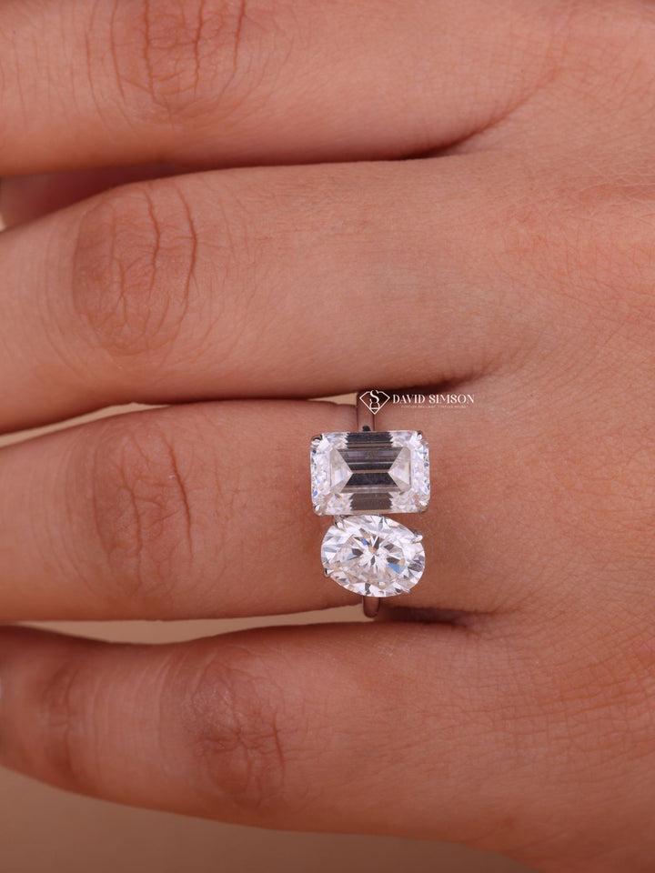 3.0CT Emerald & 2.0CT Oval Cut Moissanite Two Stone Diamond Engagement Ring
