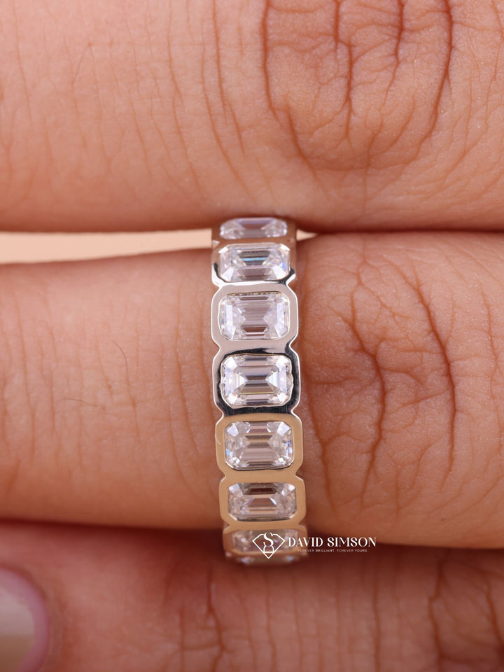 Emerald Cut Moissanite Bezel Set Diamond Wedding Band